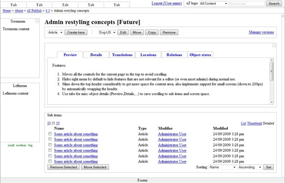 eZ Admin interface refresh concept protototype for ez Publish 4.3